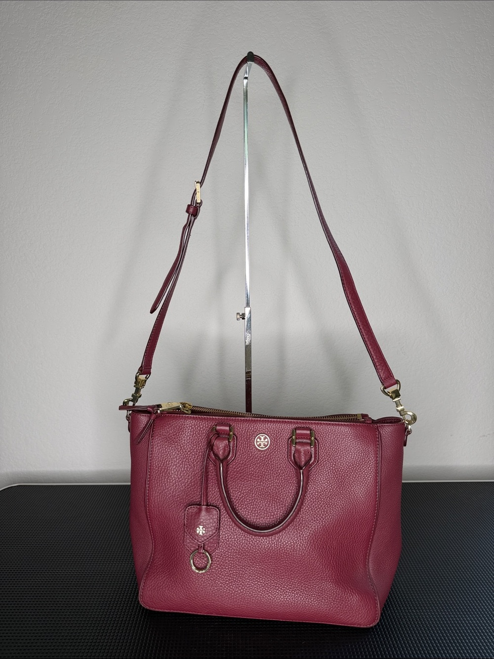 Tory Burch Burgundy Pebbled Leather Satchel Shoulder Bag Gold Hardware